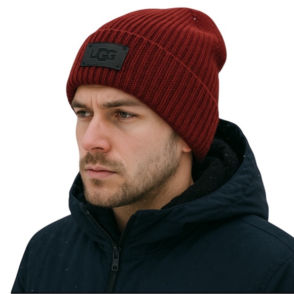 UGG Men’s Ribbed Knit Cuffed Logo Patch Beanie One Size Red - Picture 1 of 8